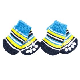 4Pcs Blue Yellow Striped Knitted Dogs Socks Paw Protection Indoor Wear