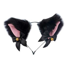 Black Animal Faux Fur Cat Ears Headband with Bell Bowknot Fox Dog Ears Headband Halloween