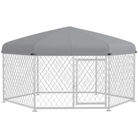 6.9' x 6.1' x 4.9' Dog Kennel Outdoor Waterproof, UV Resistant Roof, Lockable Door Silver