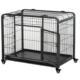 Folding Design Heavy Duty Metal Dog Crate with Removable Tray and Cover, & 4 Locking Wheels