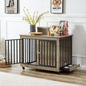 Furniture Style Dog Crate Side Table with Feeding Bowl, Wheels, Three Doors, Flip-Up Top Opening