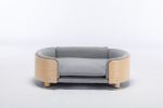 Scandinavian style Elevated Dog Bed Sofa with Solid Wood legs and Bent Wood Back, Velvet Cushion, Light Grey