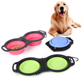 Rubber Folding Double Bowl Portable Pet Feeding (Color: Red)