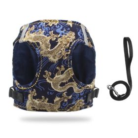 Dog Reflectorized Harness Set Dragon Pattern Safety Vest Adjustable (Color: Gold, size: L)