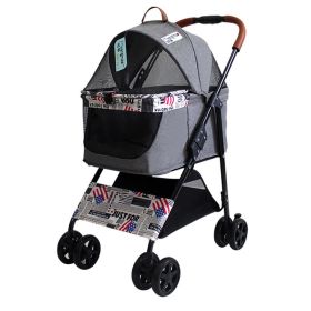 Dog Stroller Trolley, Travel Cart Pram Shockproof Detachable (Color: Gray)