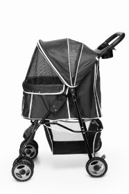 Dog Stroller, Foldable Travel Carriage with Wheels Zipper Entry Cup Holder Storage Basket (Color: Black)