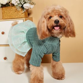 Small & Medium Dogs Solid Color Twist Knit Turtleneck Spliced Mesh Skirt (Color: Green, size: L)