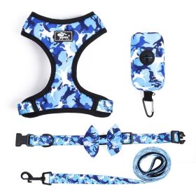 4Pcs Set Reflective No Pull Harness Collar Leash with Dog Poop Bag (Color: Blue, size: M)