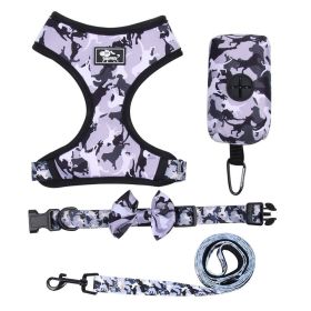 4Pcs Set Reflective No Pull Harness Collar Leash with Dog Poop Bag (Color: Grey, size: L)