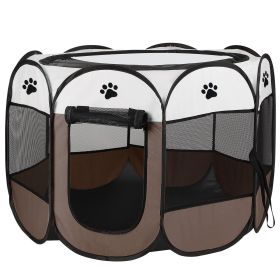 Foldable Playpen Exercise Pen Kennel Removable Zipper Top and Bottom Water Resistant (Color: coffee)