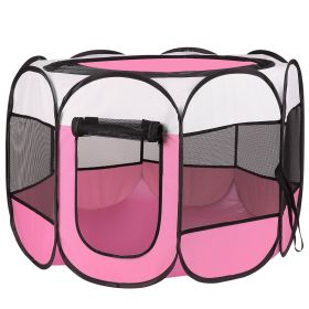 Foldable Playpen Exercise Pen Kennel Removable Zipper Top and Bottom Water Resistant (Color: Pink)