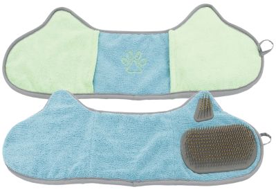 2-in-1 Hand-Inserted Microfiber Pet Grooming Towel and Brush (Color: Blue / Aqua)