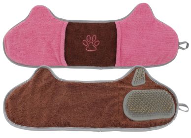 2-in-1 Hand-Inserted Microfiber Pet Grooming Towel and Brush (Color: Brown / Pink)