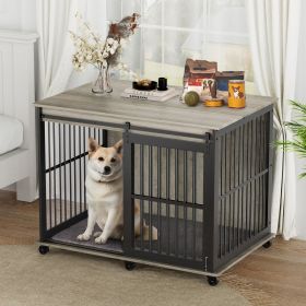 Furniture dog crate sliding iron door dog crate with mat (Color: Grey)