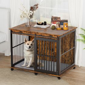 Furniture dog crate sliding iron door dog crate with mat (Color: Rustic Brown)