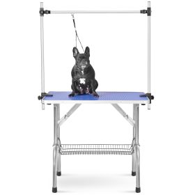 Dog Grooming Table Large Adjustable Heavy Duty w/Arm & Noose & Mesh Tray (Color: Blue)