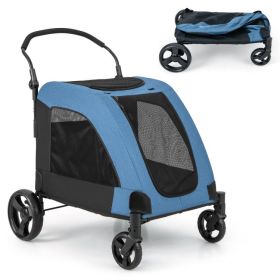 4 Wheels Extra Large Dog Stroller Foldable Dual Entry (Color: Blue)
